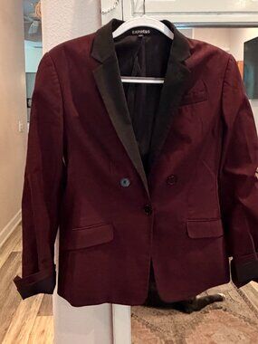 Express Burgundy Wine Tuxedo Blazer with Black Lapels